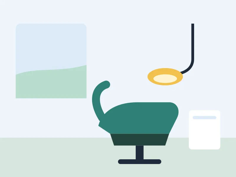 Illustratie van een lichte behandelkamer met een stoel en een lamp