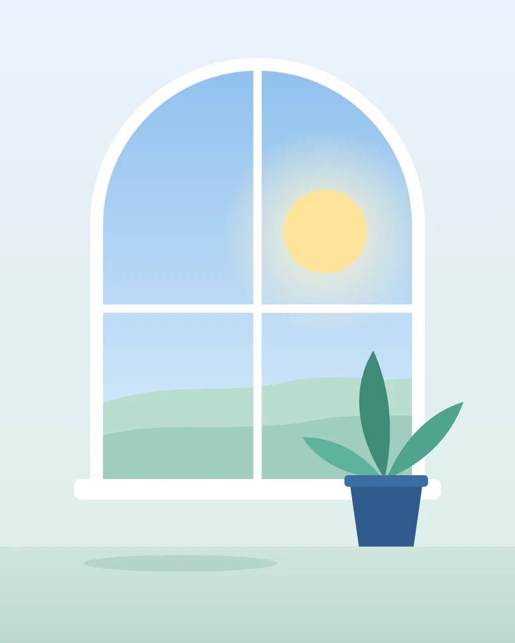 Illustratie van een lichte kamer met een groot raam, de zon en een plant