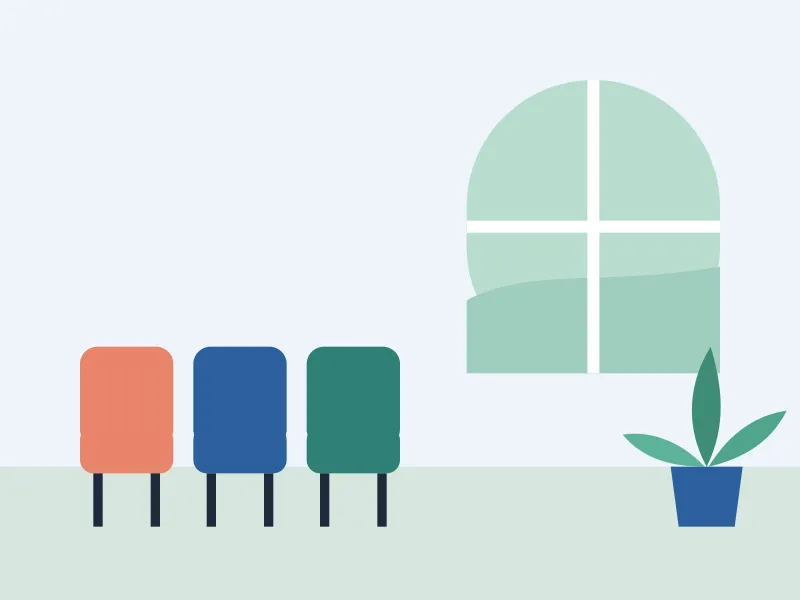 Illustratie van de wachtkamer met stoelen en een raam